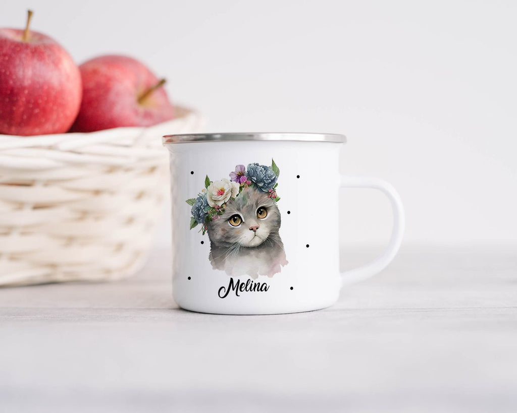 Emaille Tasse Katze mit Blumen - von Mikalino