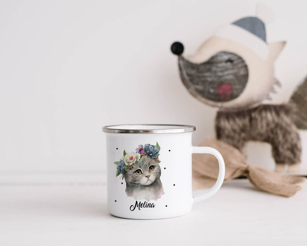 Emaille Tasse Katze mit Blumen - von Mikalino