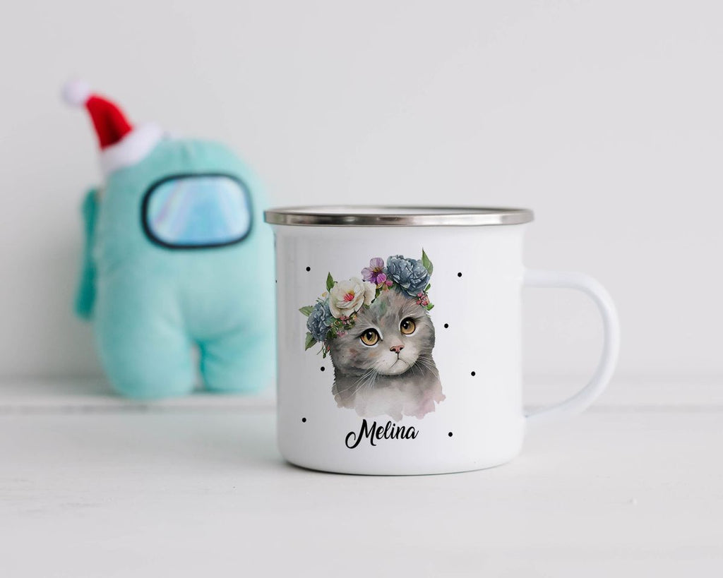 Emaille Tasse Katze mit Blumen - von Mikalino