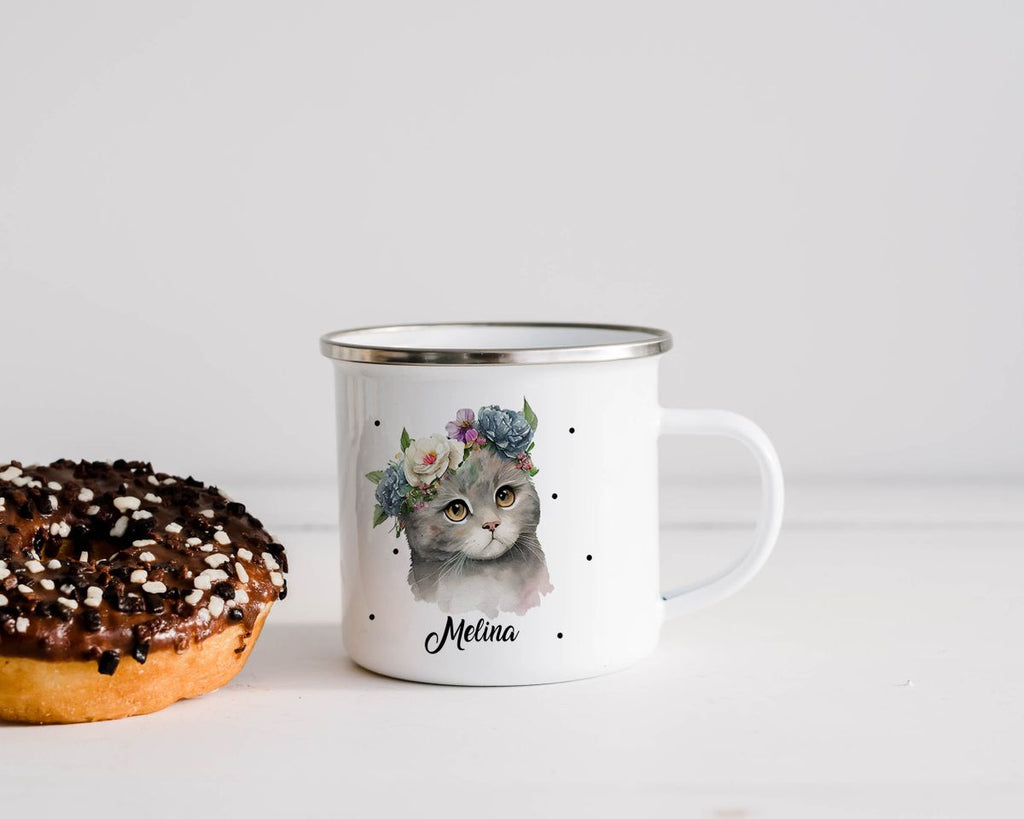 Emaille Tasse Katze mit Blumen - von Mikalino