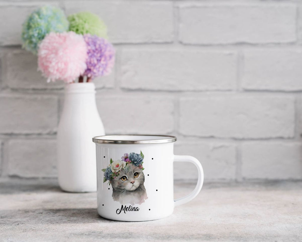 Emaille Tasse Katze mit Blumen - von Mikalino