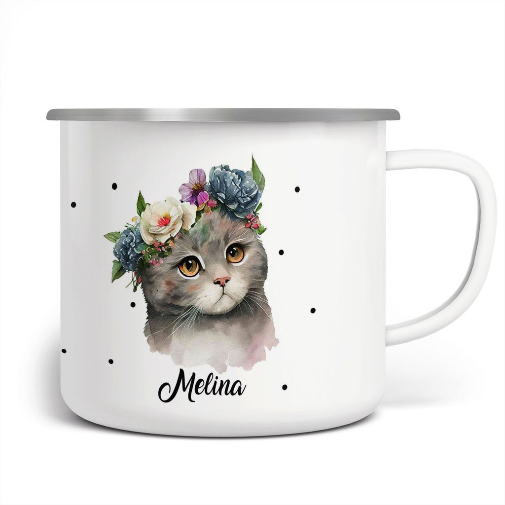 Emaille Tasse Katze mit Blumen - von Mikalino