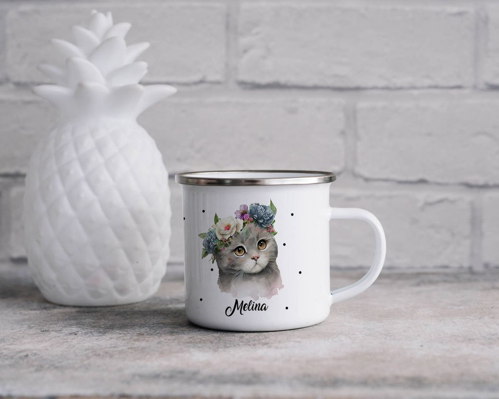 Emaille Tasse Katze mit Blumen - von Mikalino