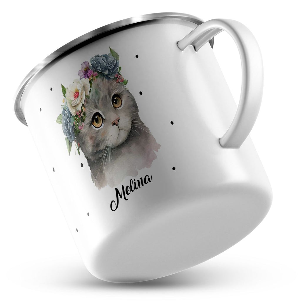 Emaille Tasse Katze mit Blumen - von Mikalino