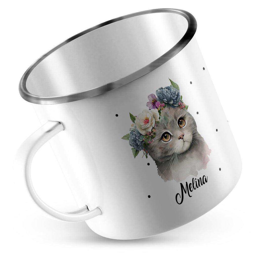 Emaille Tasse Katze mit Blumen - von Mikalino