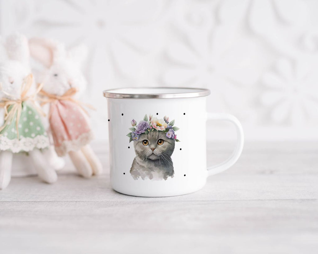 Emaille Tasse Katze mit Blumen - von Mikalino