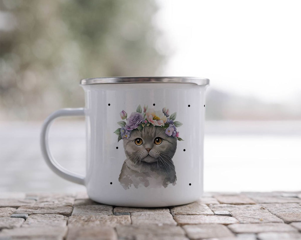 Emaille Tasse Katze mit Blumen - von Mikalino