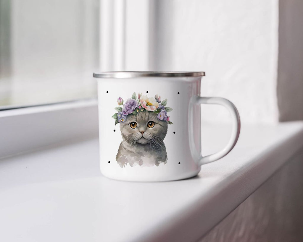 Emaille Tasse Katze mit Blumen - von Mikalino