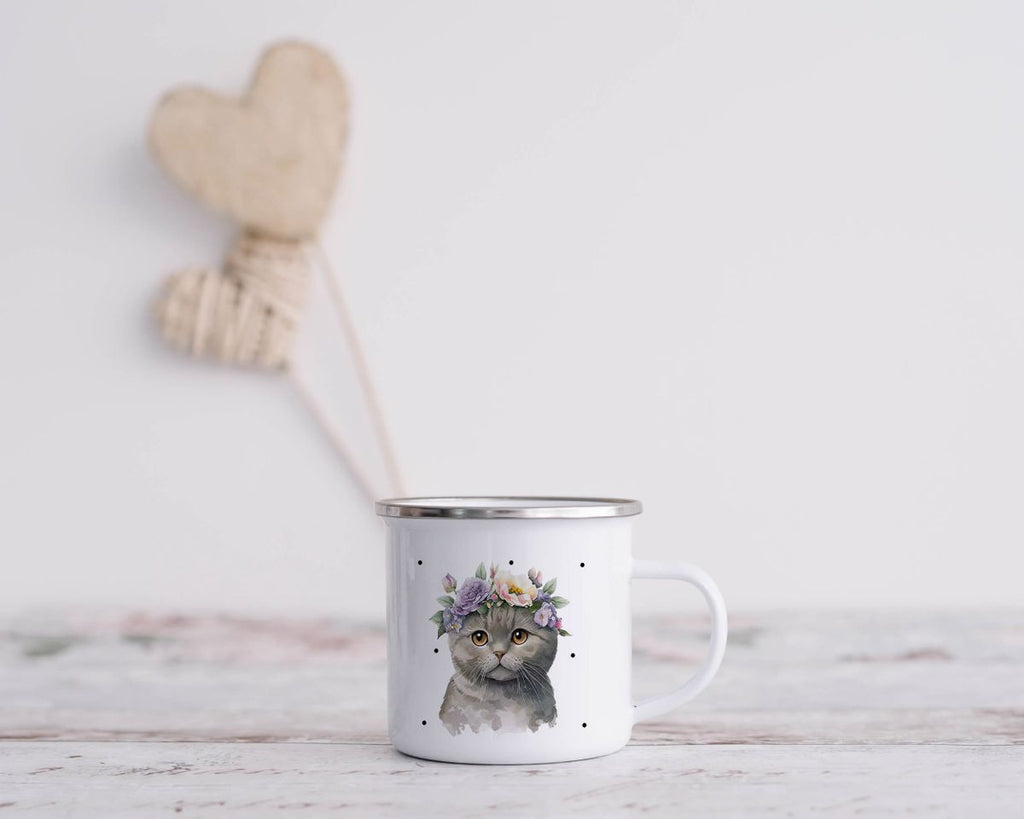 Emaille Tasse Katze mit Blumen - von Mikalino