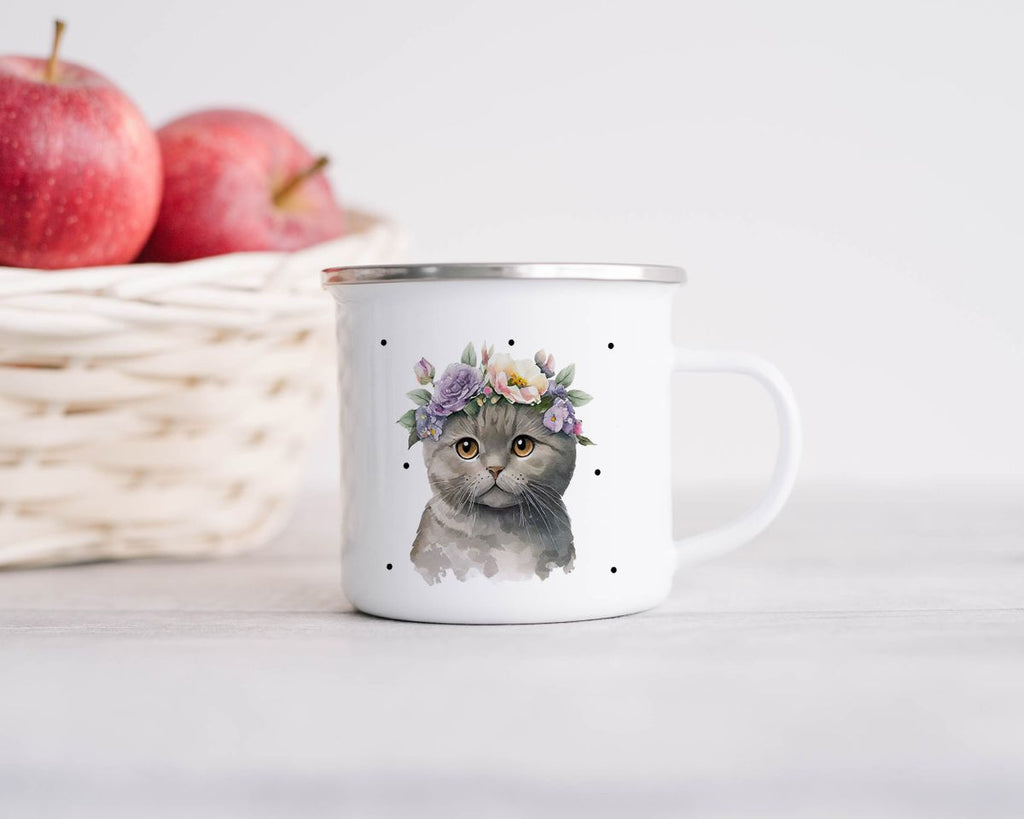 Emaille Tasse Katze mit Blumen - von Mikalino