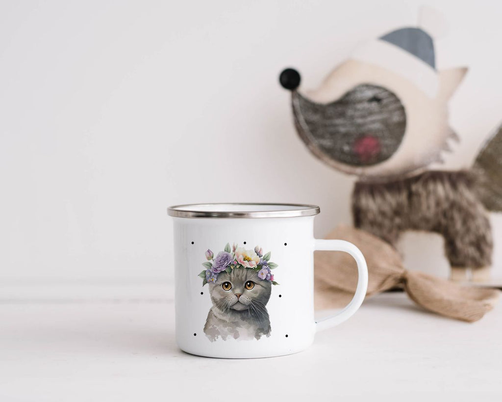 Emaille Tasse Katze mit Blumen - von Mikalino