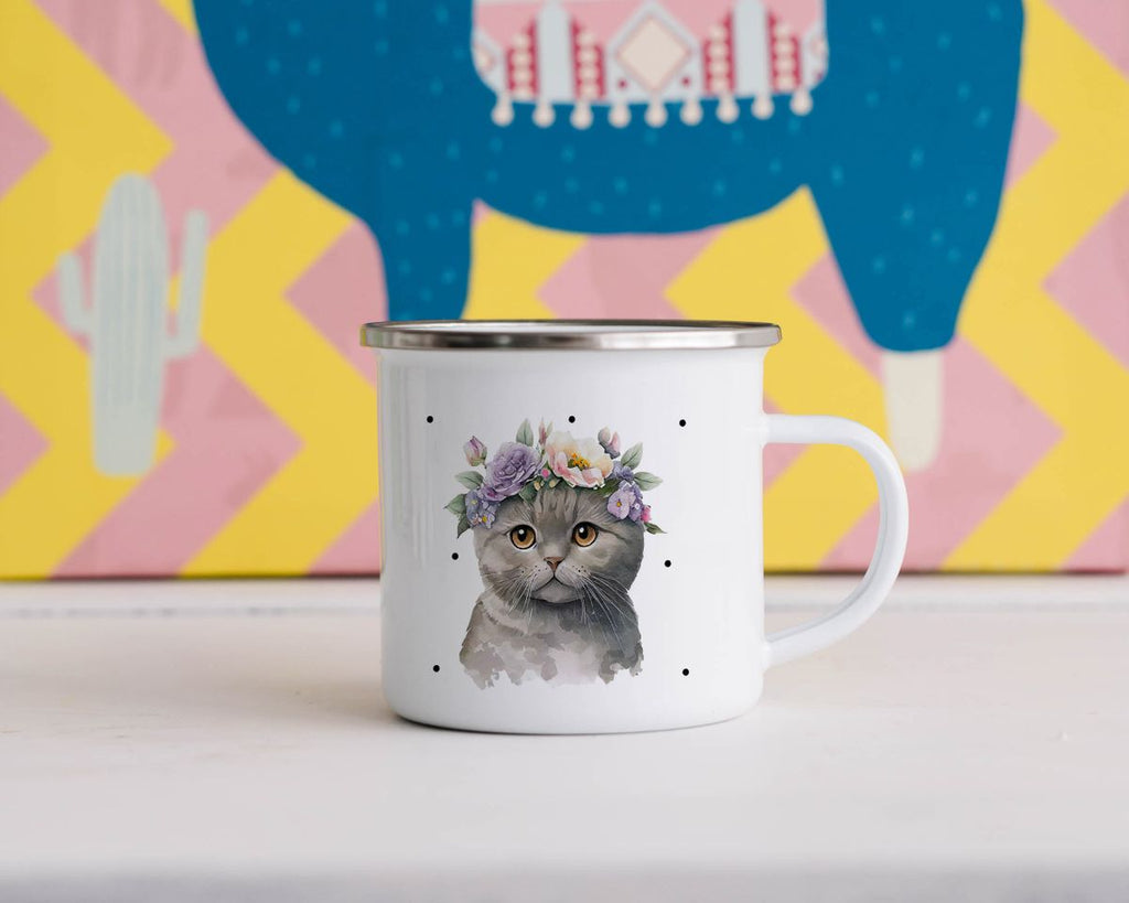 Emaille Tasse Katze mit Blumen - von Mikalino