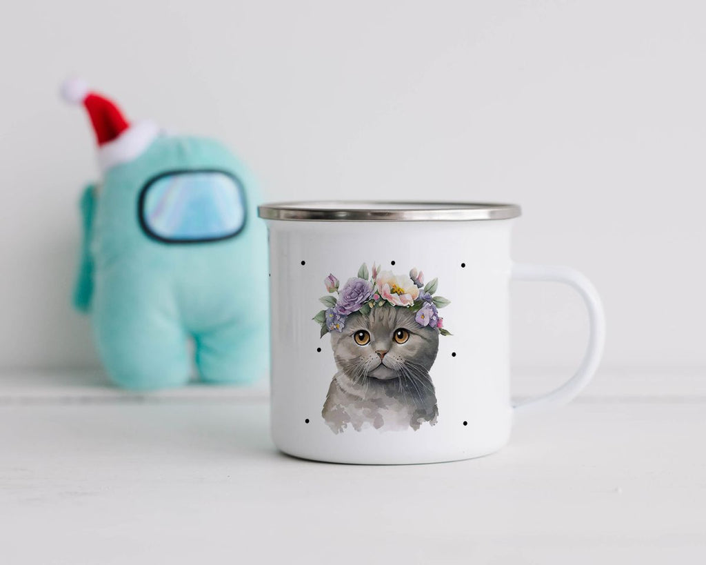 Emaille Tasse Katze mit Blumen - von Mikalino