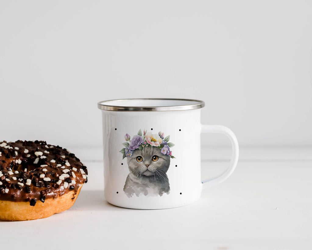 Emaille Tasse Katze mit Blumen - von Mikalino