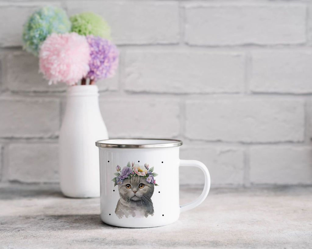 Emaille Tasse Katze mit Blumen - von Mikalino