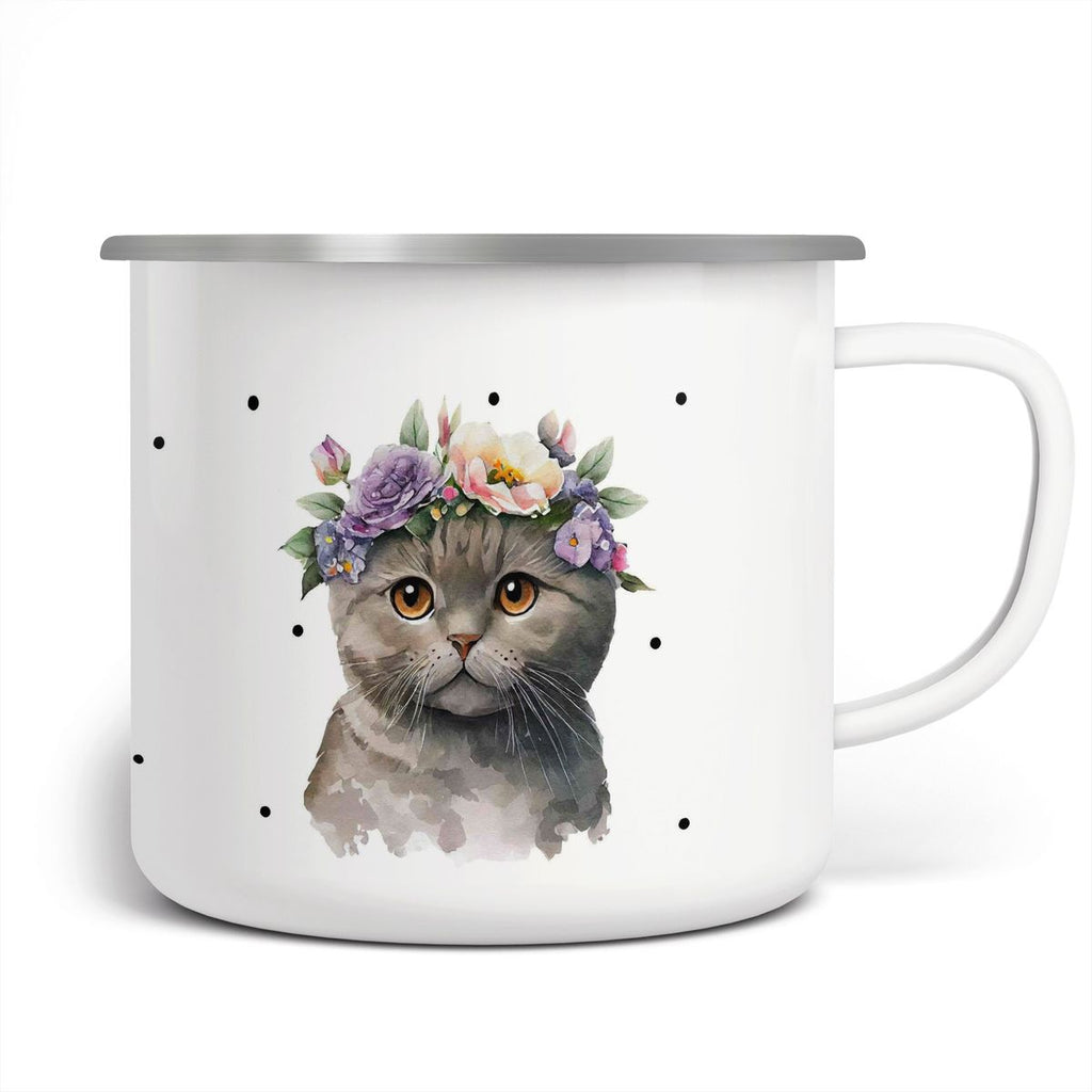 Emaille Tasse Katze mit Blumen - von Mikalino