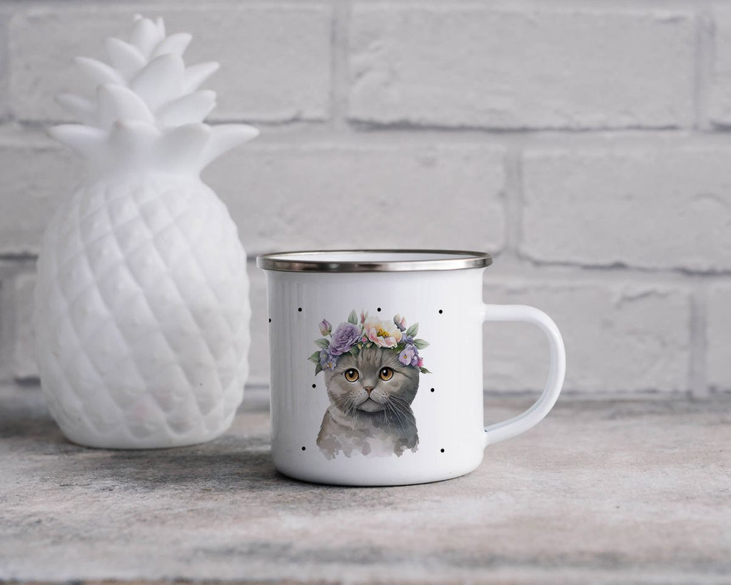 Emaille Tasse Katze mit Blumen - von Mikalino