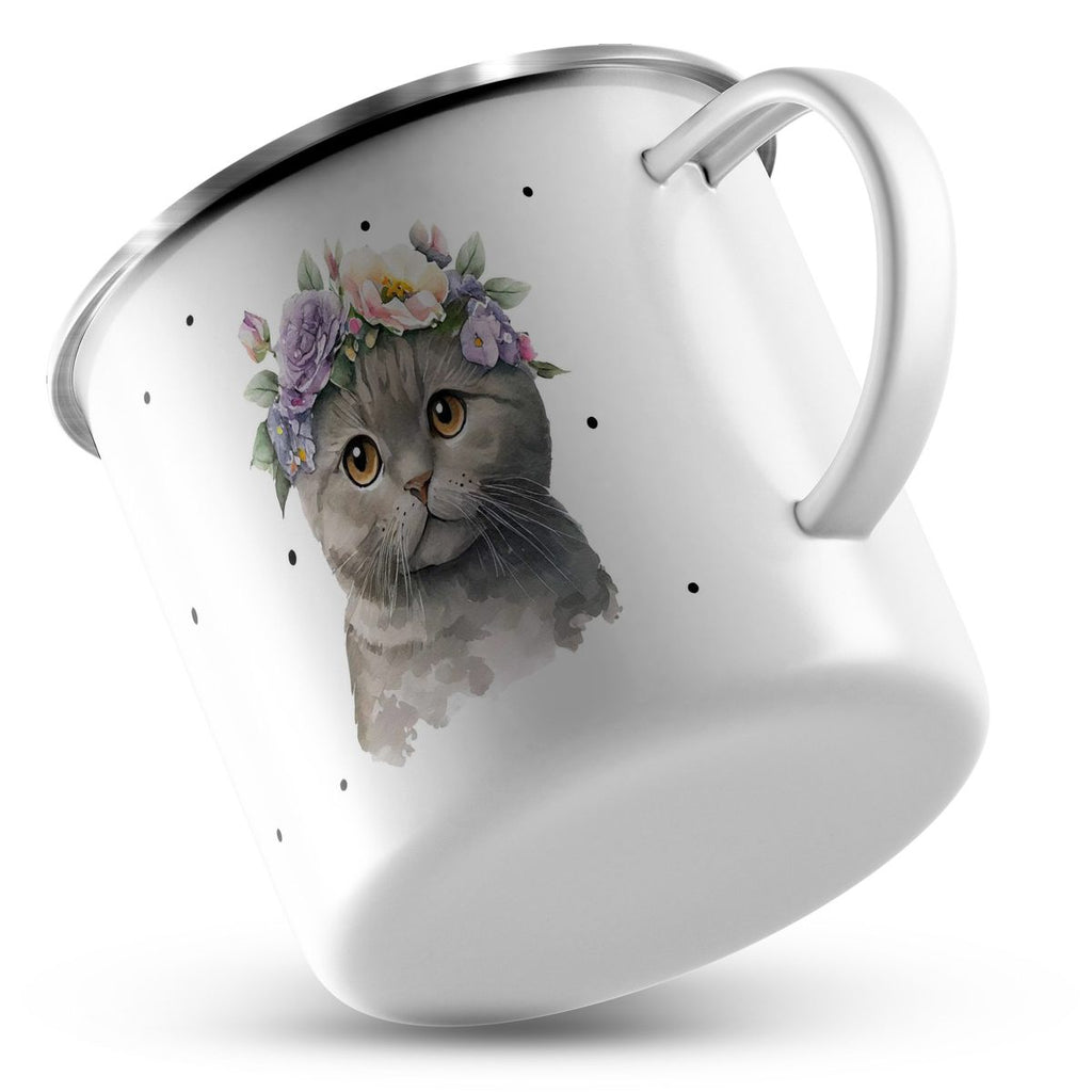 Emaille Tasse Katze mit Blumen - von Mikalino