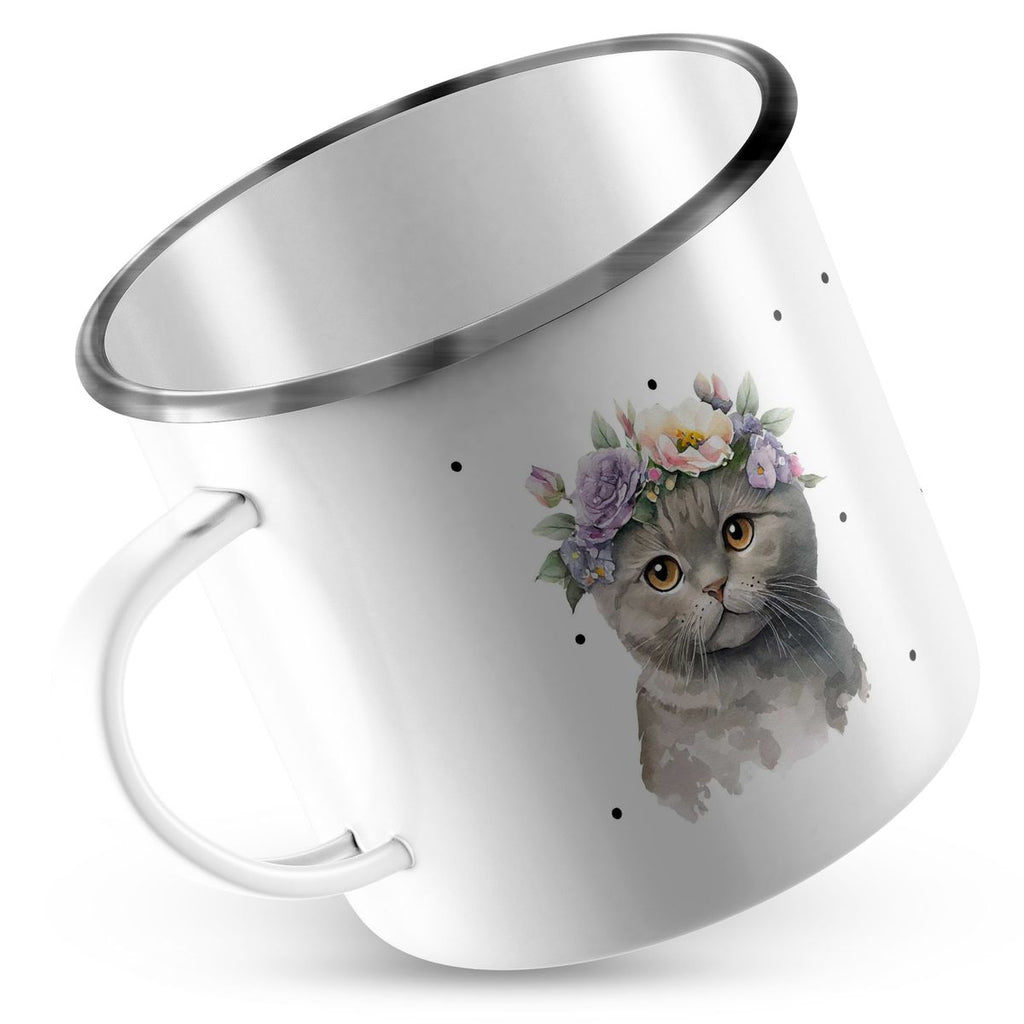 Emaille Tasse Katze mit Blumen - von Mikalino