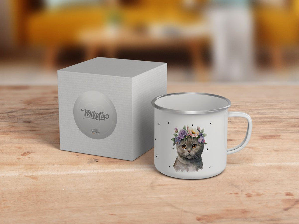 Emaille Tasse Katze mit Blumen - von Mikalino