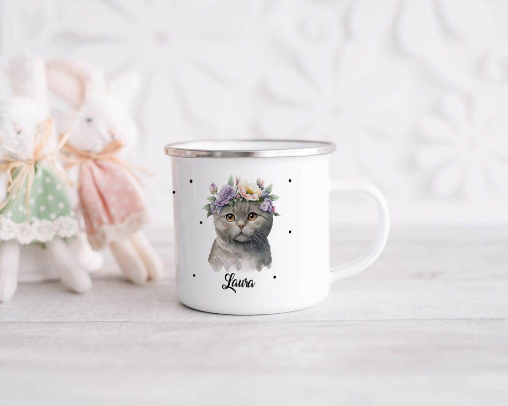 Emaille Tasse Katze mit Blumen - von Mikalino