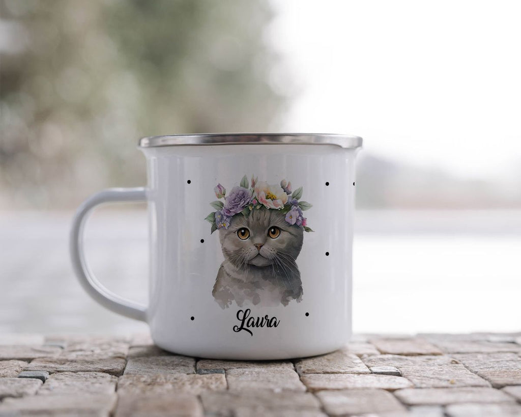 Emaille Tasse Katze mit Blumen - von Mikalino