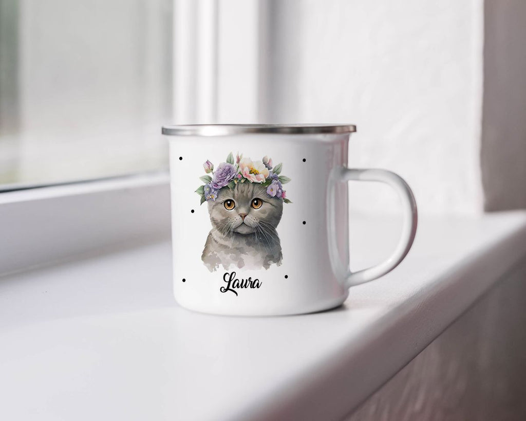 Emaille Tasse Katze mit Blumen - von Mikalino