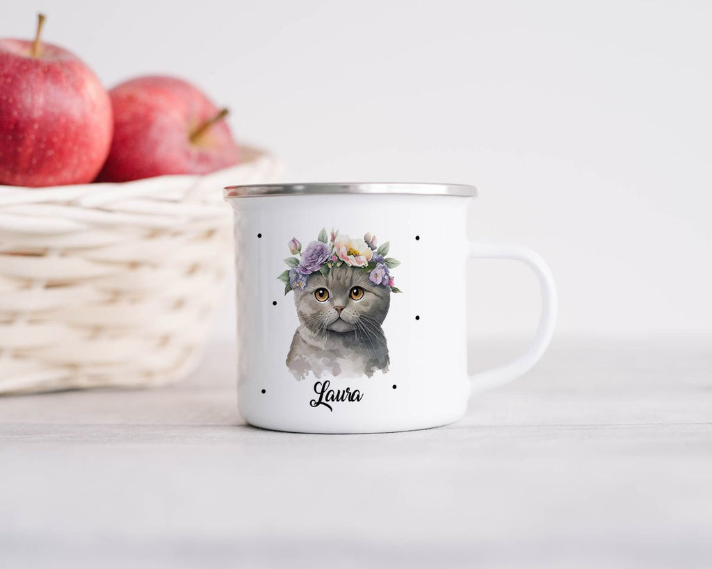 Emaille Tasse Katze mit Blumen - von Mikalino