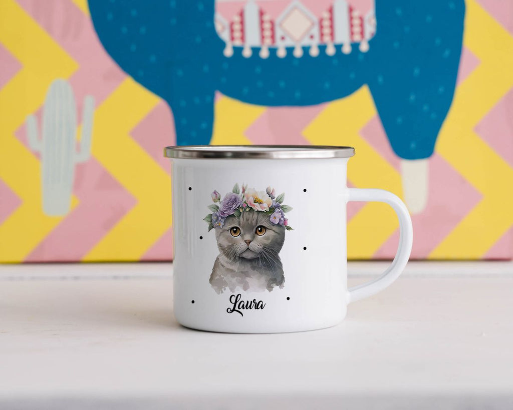 Emaille Tasse Katze mit Blumen - von Mikalino