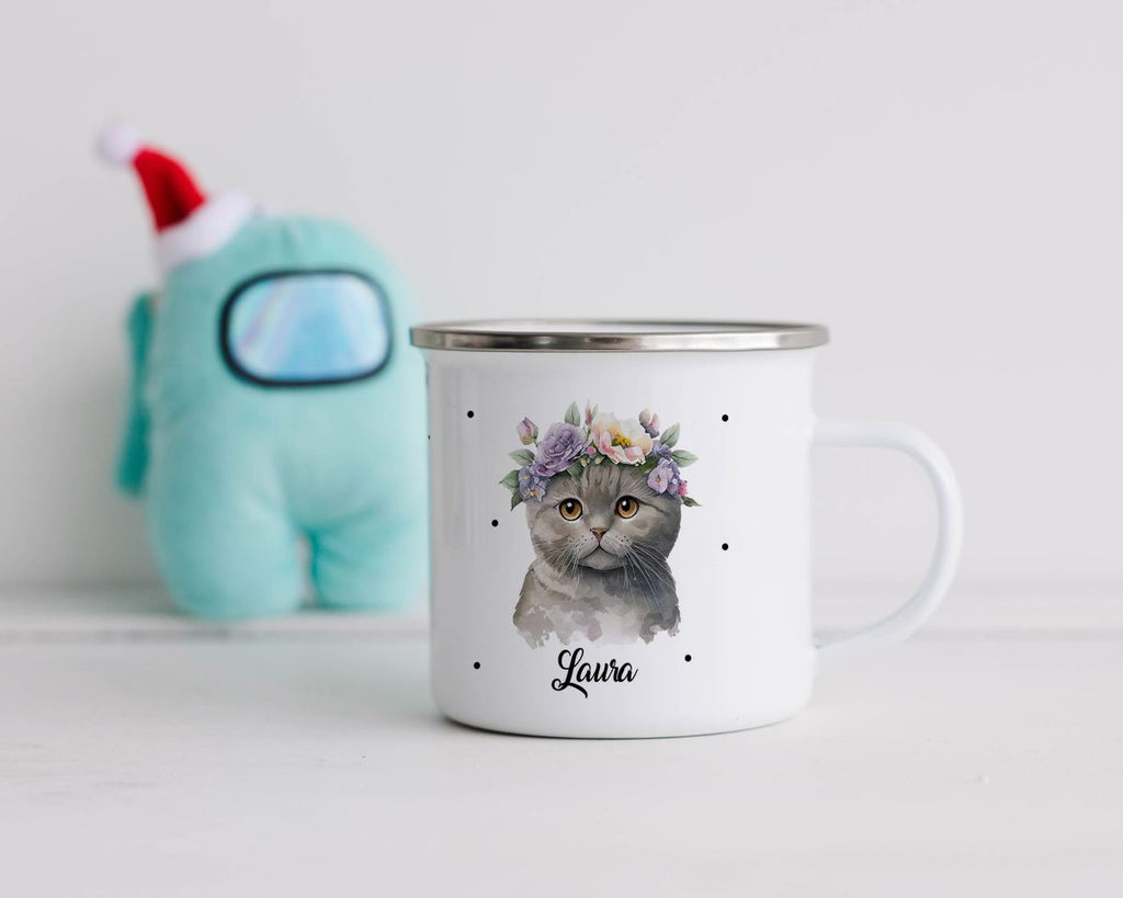 Emaille Tasse Katze mit Blumen - von Mikalino