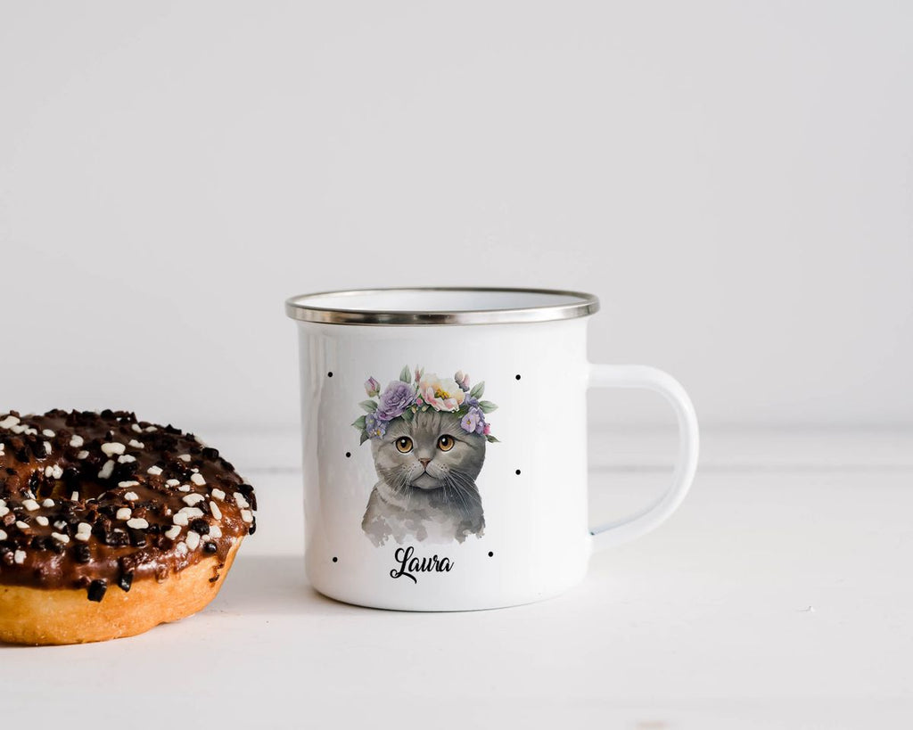 Emaille Tasse Katze mit Blumen - von Mikalino