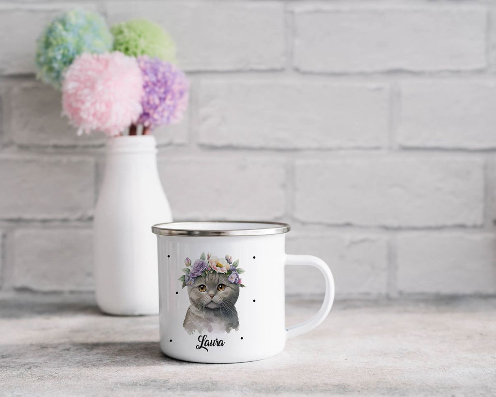 Emaille Tasse Katze mit Blumen - von Mikalino