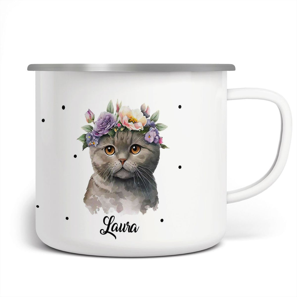 Emaille Tasse Katze mit Blumen - von Mikalino