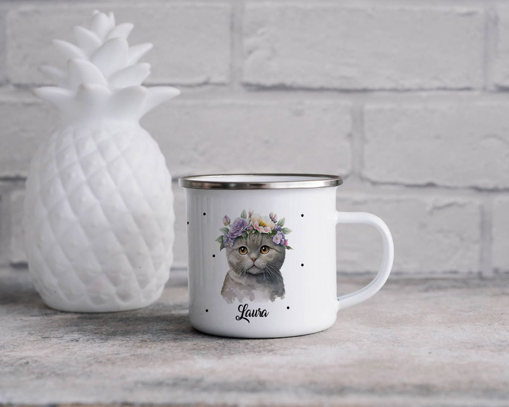 Emaille Tasse Katze mit Blumen - von Mikalino