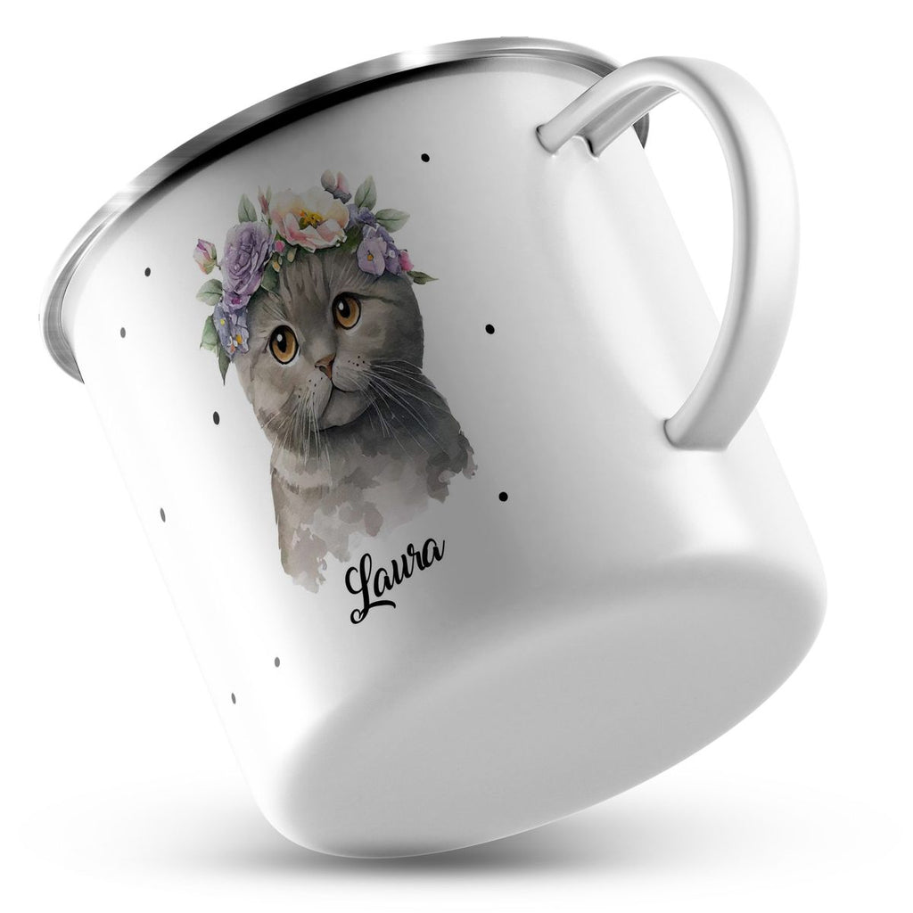 Emaille Tasse Katze mit Blumen - von Mikalino