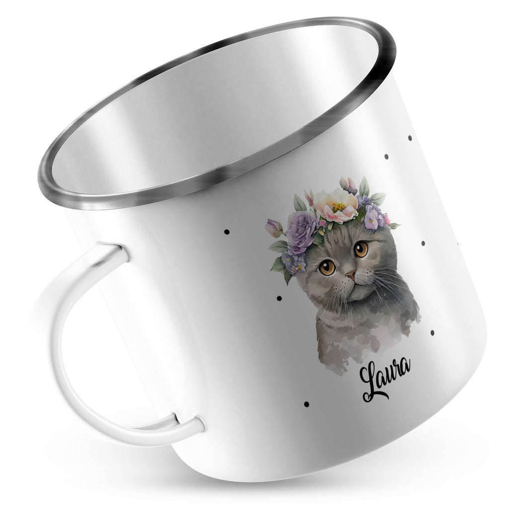 Emaille Tasse Katze mit Blumen - von Mikalino