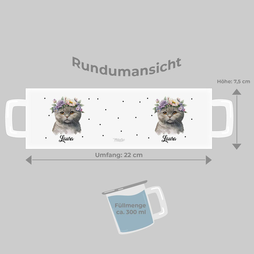 Emaille Tasse Katze mit Blumen - von Mikalino