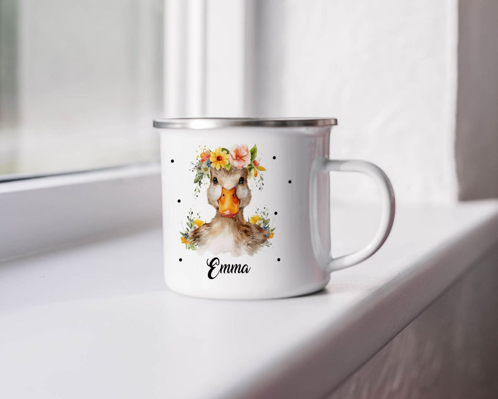 Emaille Tasse Ente mit Blumen - von Mikalino