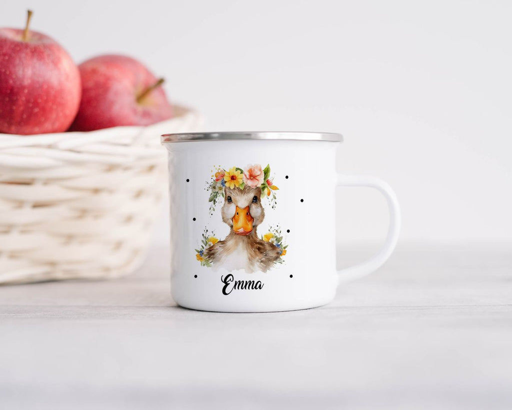 Emaille Tasse Ente mit Blumen - von Mikalino