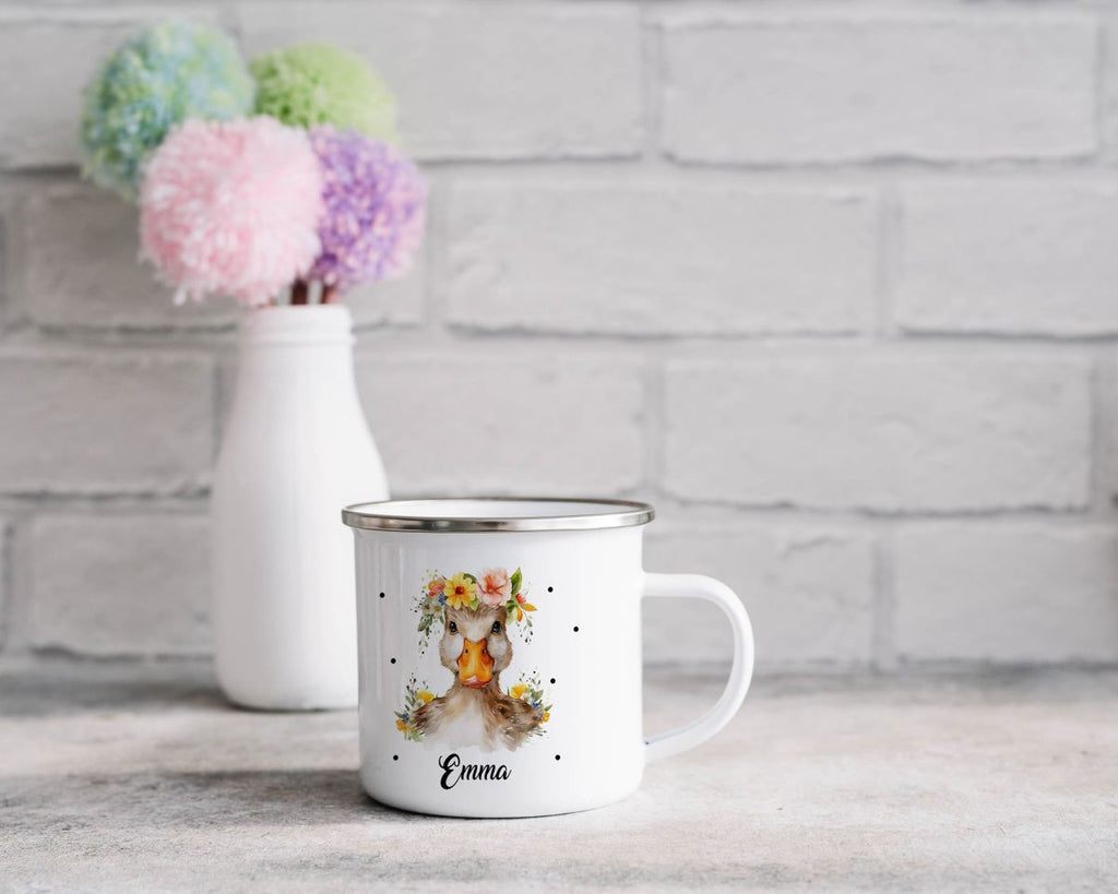 Emaille Tasse Ente mit Blumen - von Mikalino