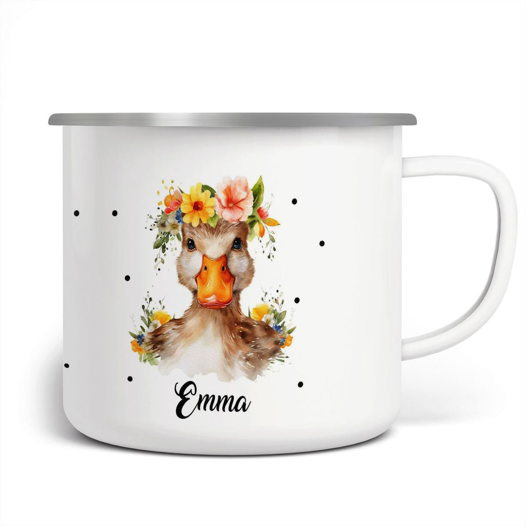 Emaille Tasse Ente mit Blumen - von Mikalino