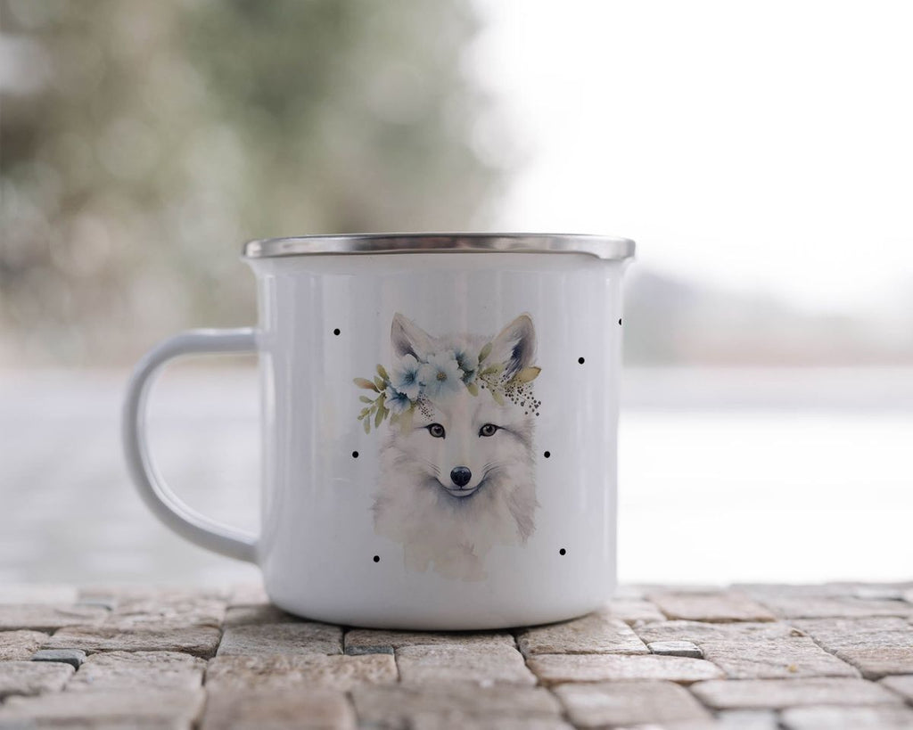 Emaille Tasse Polarfuch mit Blumen - von Mikalino