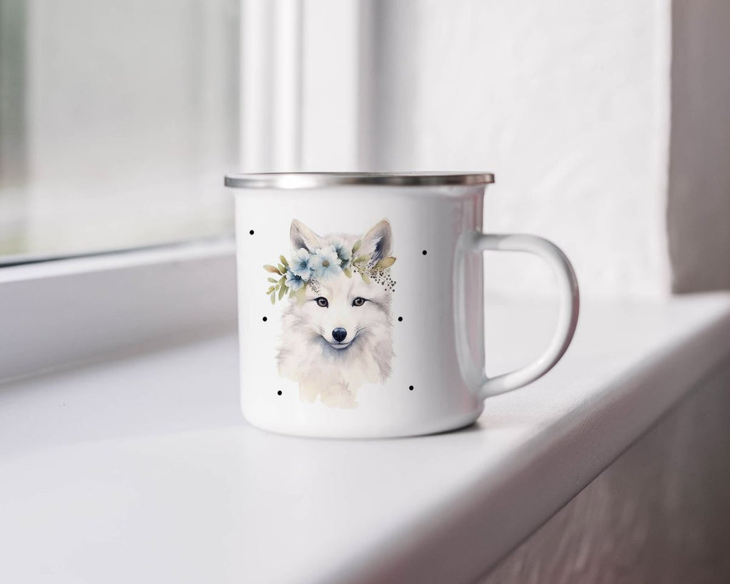 Emaille Tasse Polarfuch mit Blumen - von Mikalino