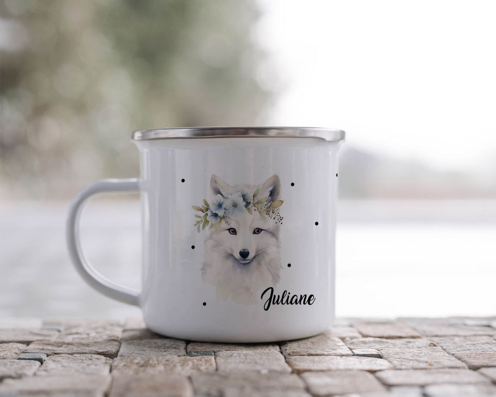 Emaille Tasse Polarfuch mit Blumen - von Mikalino