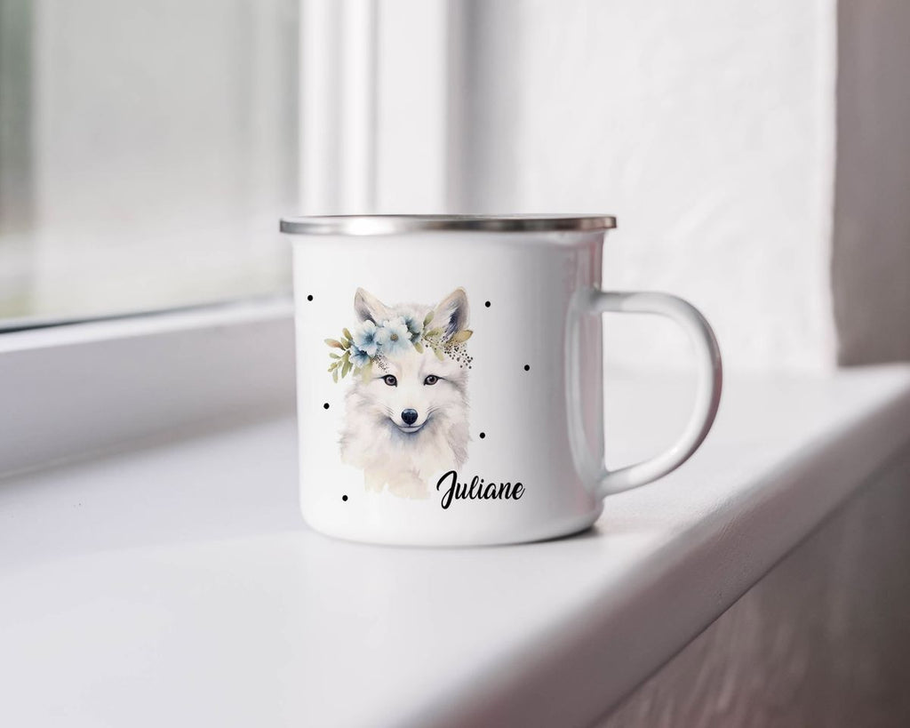 Emaille Tasse Polarfuch mit Blumen - von Mikalino