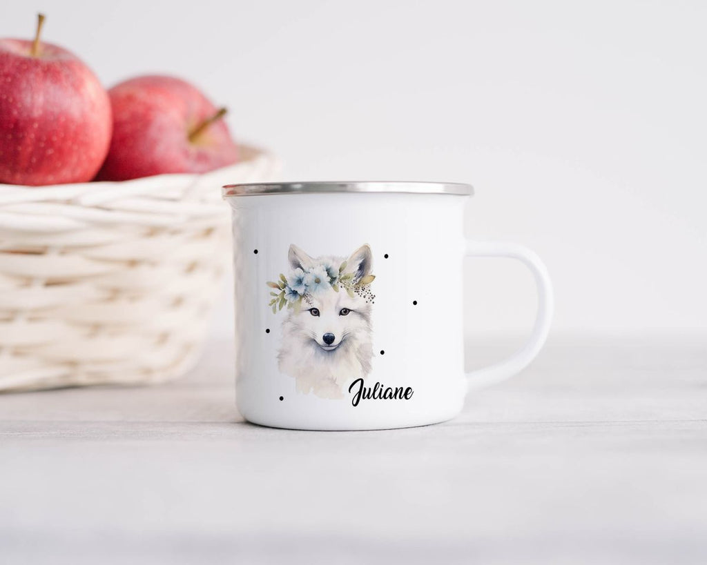 Emaille Tasse Polarfuch mit Blumen - von Mikalino