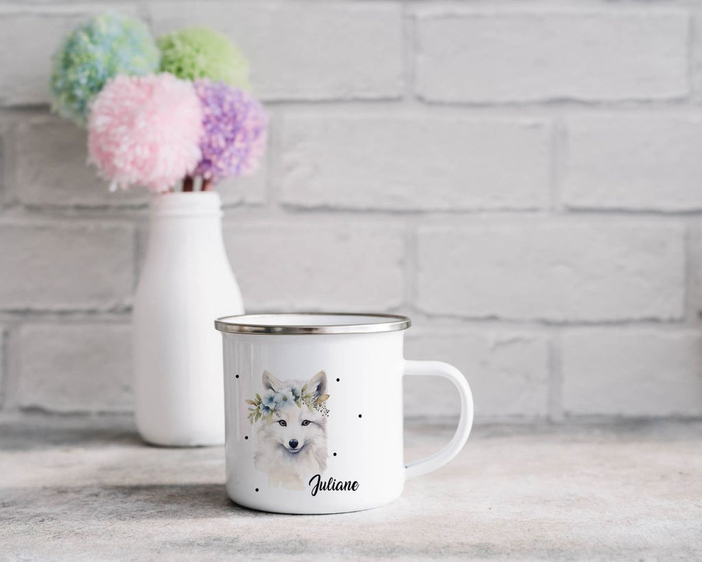 Emaille Tasse Polarfuch mit Blumen - von Mikalino