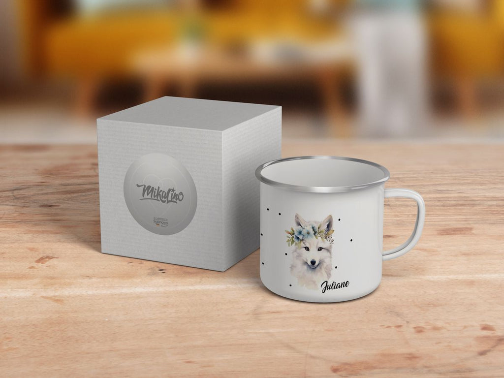 Emaille Tasse Polarfuch mit Blumen - von Mikalino