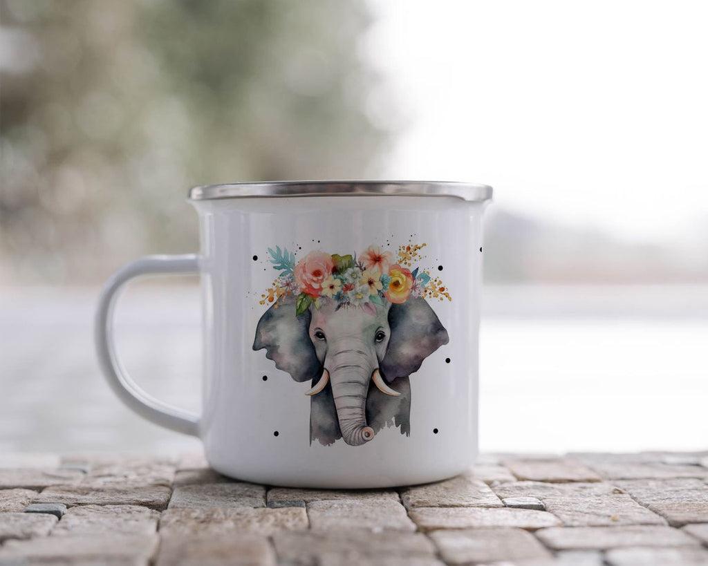 Emaille Tasse Elefant mit Blumen - von Mikalino