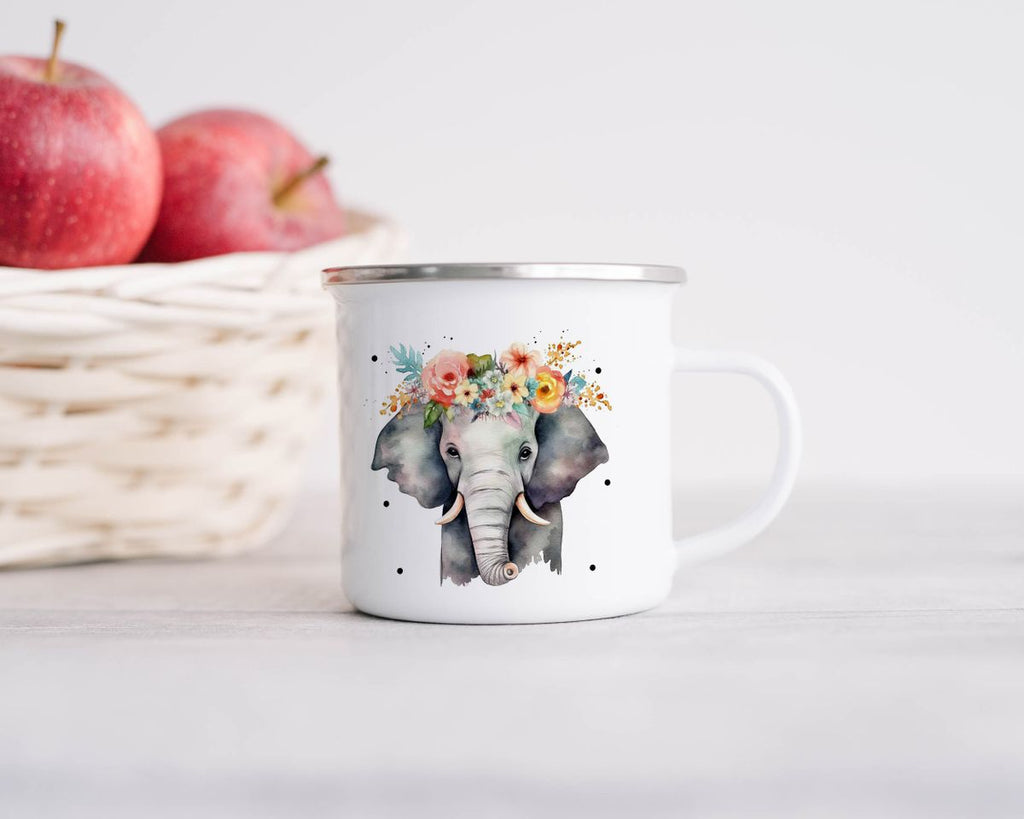 Emaille Tasse Elefant mit Blumen - von Mikalino